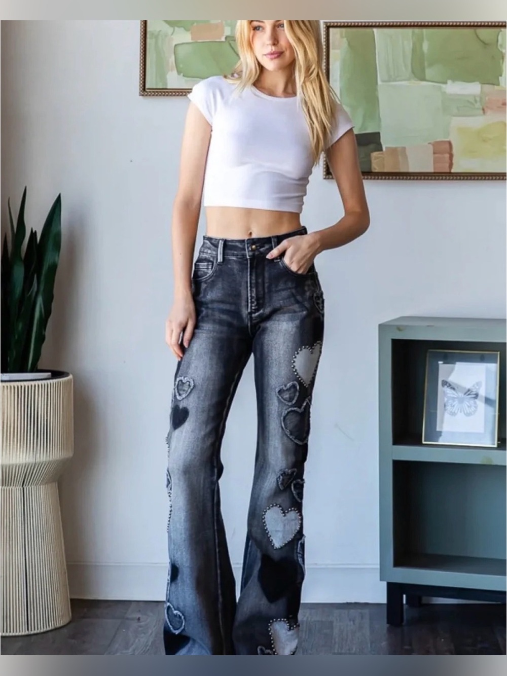 Oli & Hali XL High-Waist Black Hearts on Fire Jeans w/ Heart Patch & Stud Detail